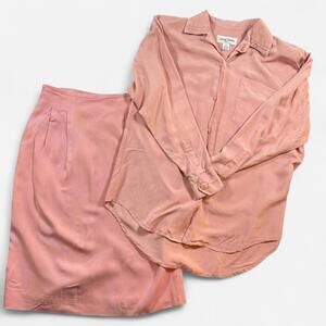 Casual Corner Silk Blouse Skirt Set Womens Small Vintage Pink